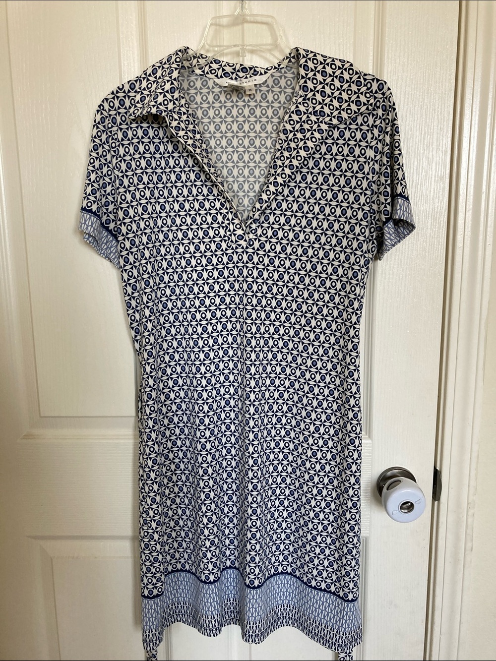 Max Studio Navy and White Geometric Collared Short Sleeve Dress